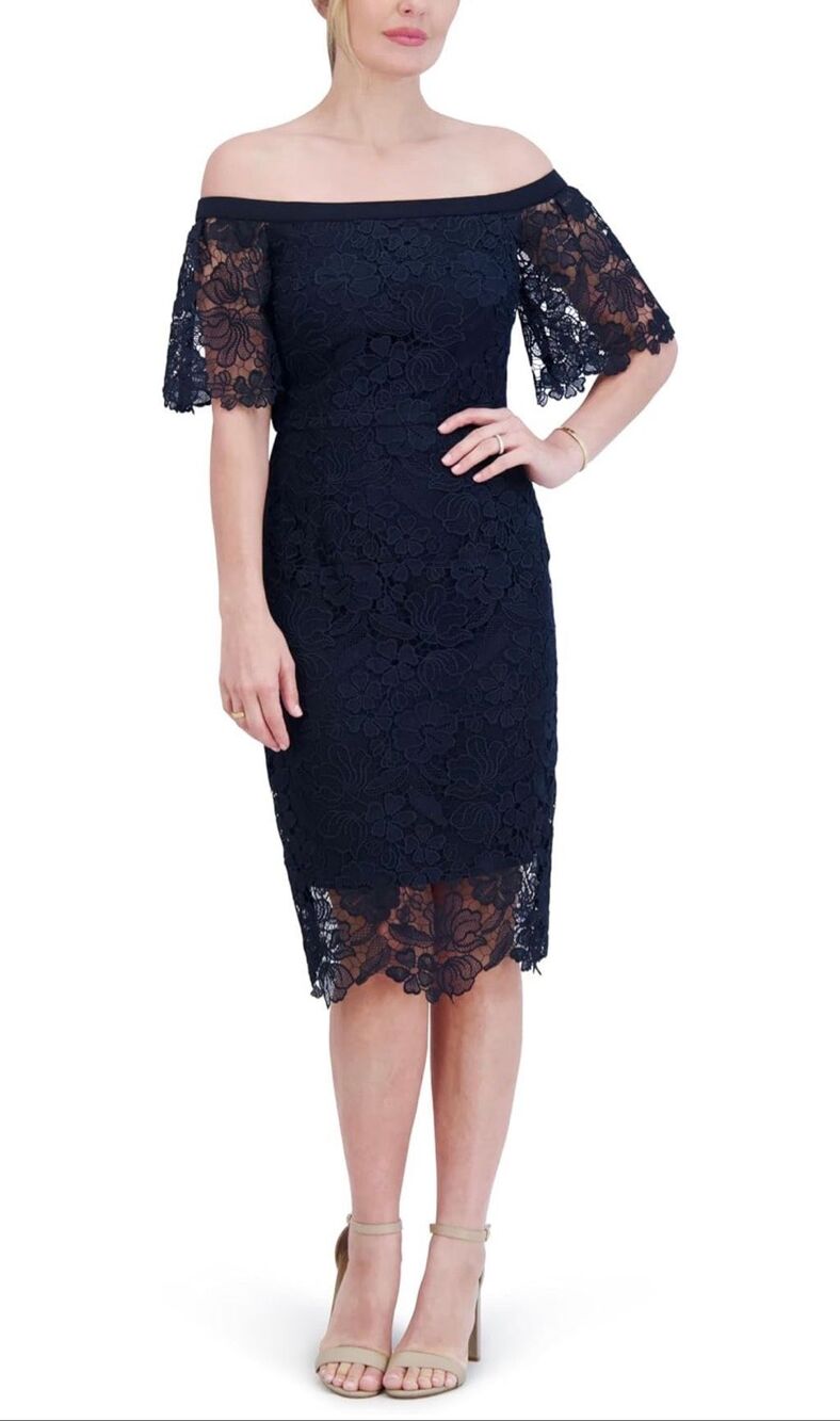 Eliza J Women's Flutter Sleeve Off Shoulder Neck Lace Midi Dress Navy Size 4
